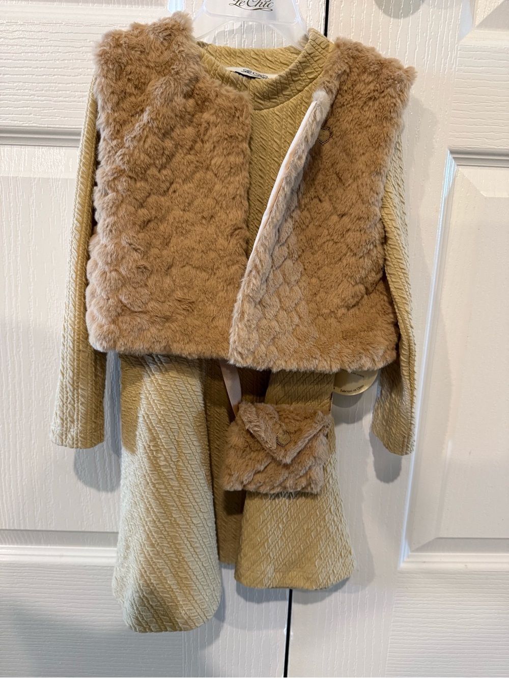 Girls' Camel Faux Fur Vest & Dress Set with Matching Bag